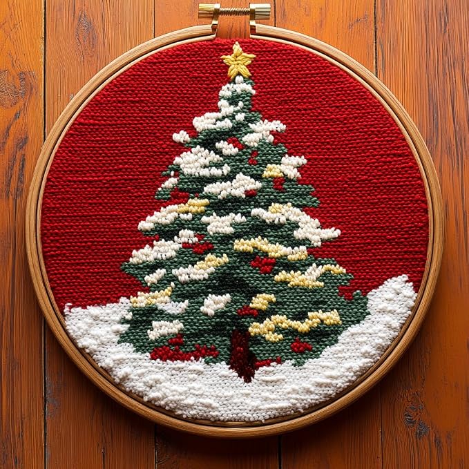 DIY Punch Needle Kits Christmas Tree with Red with Hoop 20x20cm-3