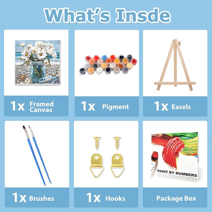 Flowers Paint by Numbers Kit for Adults Beginner, Paint by Numbers 10x10 in | Daisy Framed Paint by Numbers with Easel, Acrylic Painting by Numbers, DIY Arts and Crafts for Gifts or Home Decor