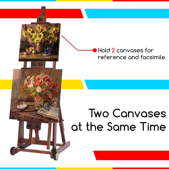MEEDEN Studio H-Frame Easel -Adjustable Beech Wood Studio Art Easel, Painting Floor Easel Stand, Movable and Tilting Flat Available, Holds Canvas Art up to 77",Classic Walnut