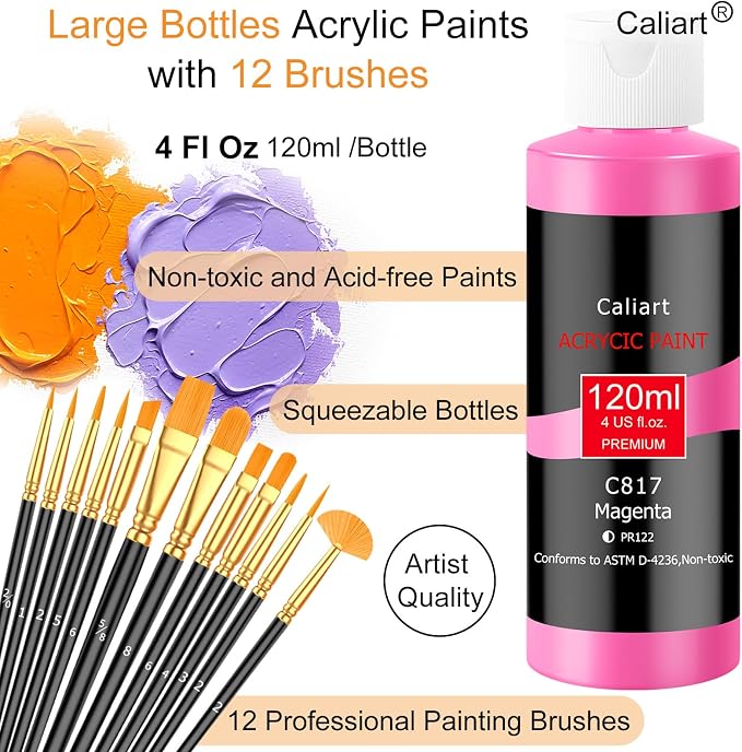 Caliart 24 Colors Acrylic Paint Set Large Bottles 4oz with 12 Brushes | Craft Painting kit for Adults Artists Beginners, Rich Pigment Non-toxic, Canvas Wood Rock Pumpkin Ceramic Art Supplies Paint