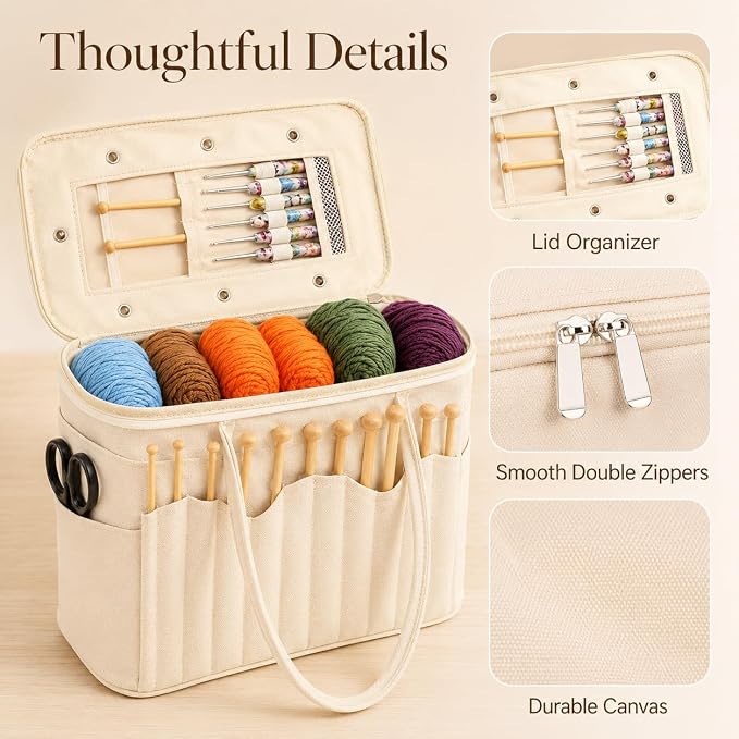 Canvas Yarn Storage Bag with Personalized Name Leather Patch, Large Canvas Yarn Bag for Crochet and Knitting, Crochet Organizer with Multiple Pockets & Yarn Holes, Birthday Gift for Mom Grandma