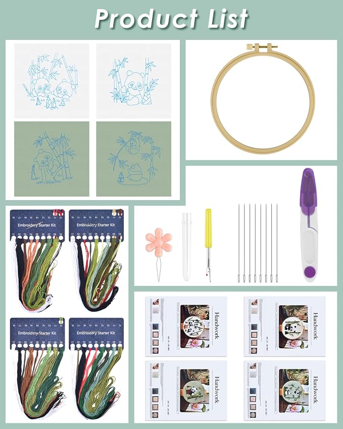 ERKOON 4 Sets Embroidery Kit for Beginners, Animal Cross Stitch Set for Adult Include Embroidery Cloth Hoops Threads for Craft Lover Hand Stitch (Panda)
