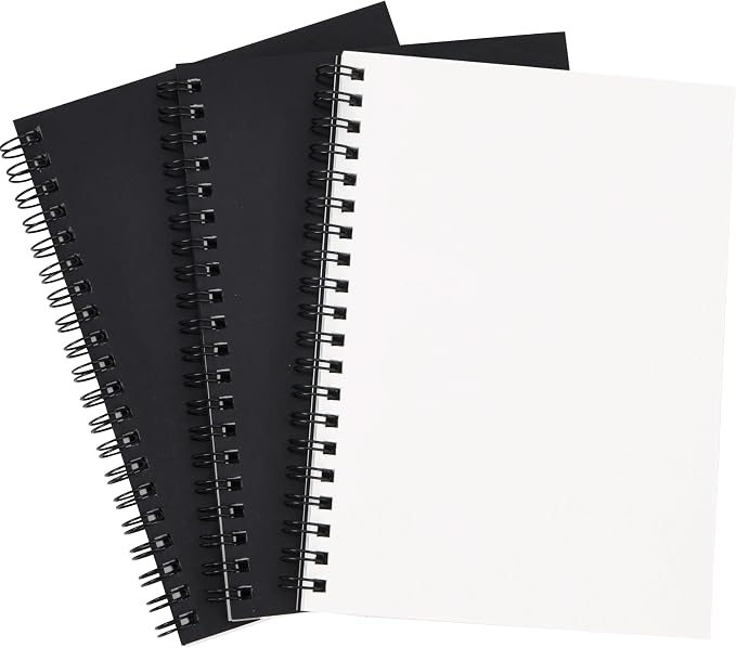 EOOUT 3 Pack Blank Spiral Notebooks B6 Sketchbooks, 140 Pages / 70 Sheets, Unlined Journals 5 x 7in 100GSM for Drawing, Art, Students, Office (Black)