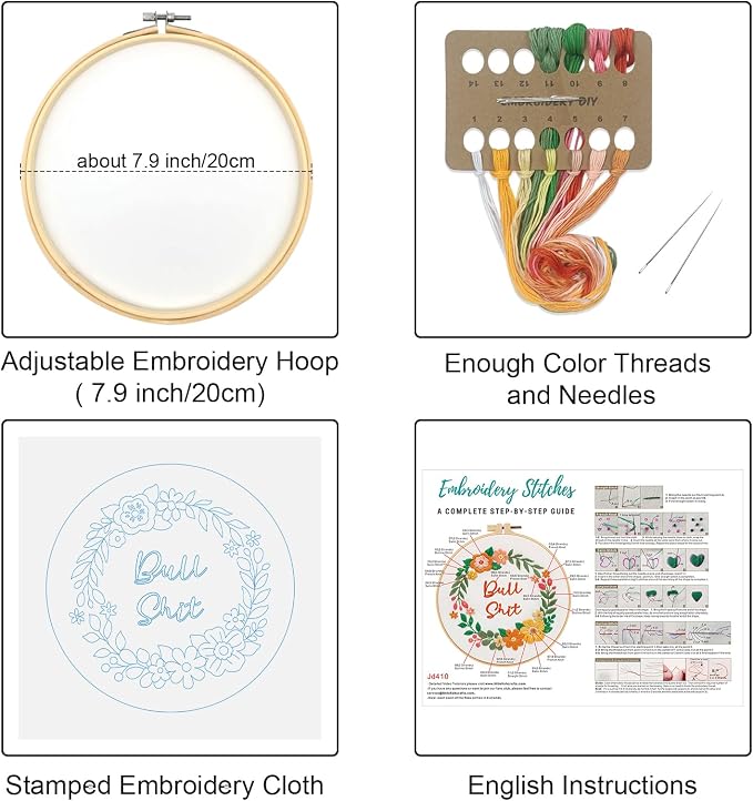Louise Maelys Funny Flower Wreath Embroidery Kit for Beginners, DIY Craft | Floral Needlepoint Kit with Pre-Printed Fabric, Hoop, Threads, Needles and Guide. Cross Stitch Starter Kit for Adults