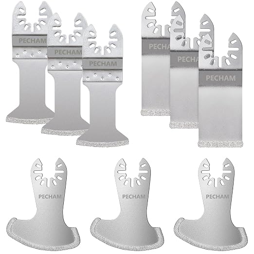 PECHAM 9PCS Diamond Oscillating Tool Blade, Multi Tool Blades Kits for Grout Removal and Soft Tile Cut, Fit Porter Cable Black & Decker Rockwell Ridgid Ryobi Milwaukee Chicago Craftsman