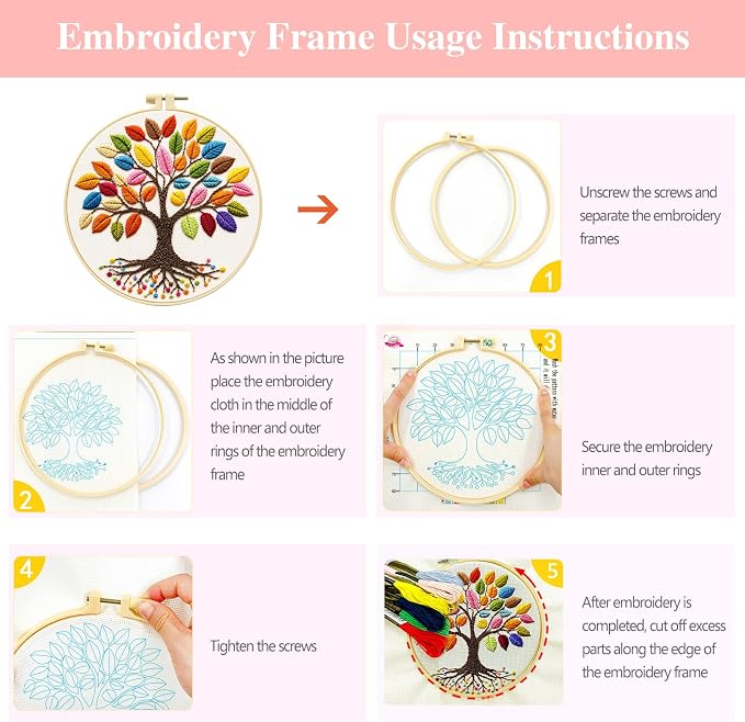 Zhenqing Rainbow Tree of Life Embroidery Kit for Beginners - 29x29cm Printed Fabric with Hoop & Full Tools (C0060)