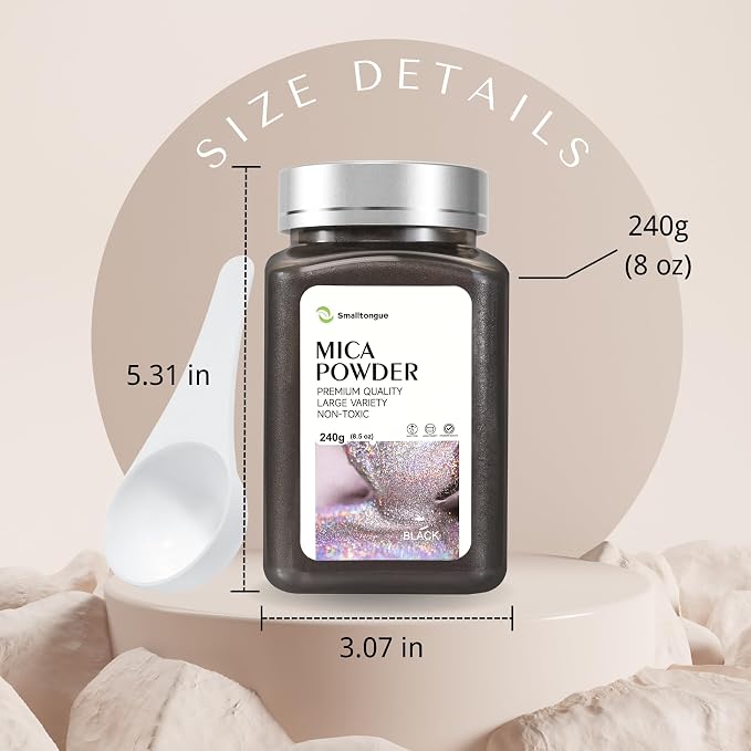 Mica Powder, Black, 240g with Scoop, Complies with ASTM D-4236 | For Epoxy Resin, Soap, Bath Bomb, Candle| Safety Material| Odorless| Brilliant Colors