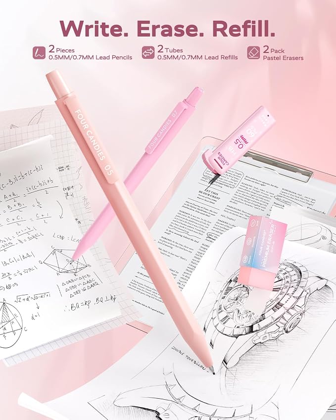 Four Candies Cute Aesthetic Pink School Supplies Kit for Girls