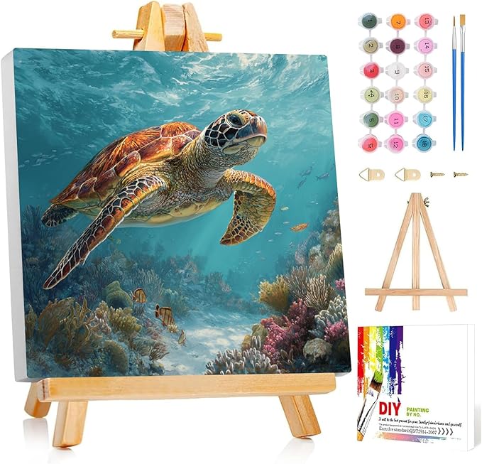 Framed Paint by Numbers Kit for Adults Beginner & Kids Ages 8-12 Sea Turtle Adult Paint by Number Kits on Canvas with Easel Animal Painting by Numbers for Adults with Frame DIY Painting Kits 8x8 Inch