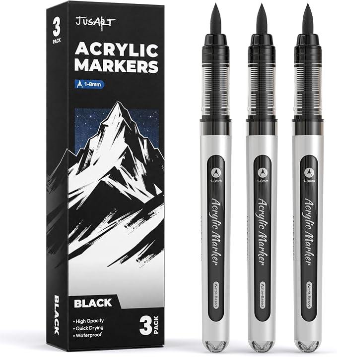 JusArt 3 Black Acrylic Paint Markers Brush Tip, Automatic Ink Control