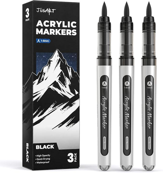 JusArt 3 Black Acrylic Paint Markers Brush Tip, Automatic Ink Control