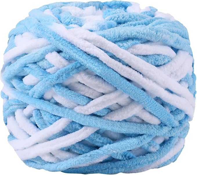 Plush Chenille Chunky Yarn for Crocheting 100g(54.6yd) - Bulky Thick Fluffy Yarn for Knitting- Soft Velvet for Baby, Blanket Knitting Blanket Yarns- Amigurumi Yarns (Blue + White)