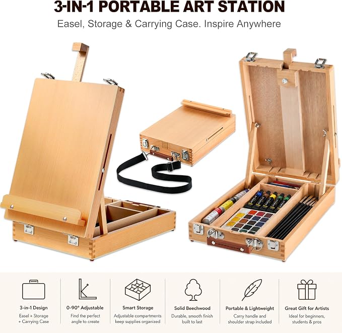 60 Pieces Beechwood Tabletop Easel Set for Painting with Shoulder Strap | 2-in-1 Art Supplies Designed for Painting & Sketching, Upgraded Art Easel with Built-In Sketchbox Storage, Adjustable Angle