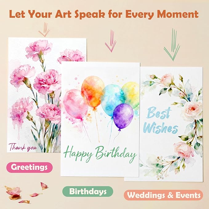 36 Sets Flat Watercolor Cards with Envelopes & Seals – 4 x 6 Inches Pure Cotton 300gsm Cold-Pressed Acid-Free Paper for Mother's Day, Wedding, Graduation, Thank You Notes & Postcards