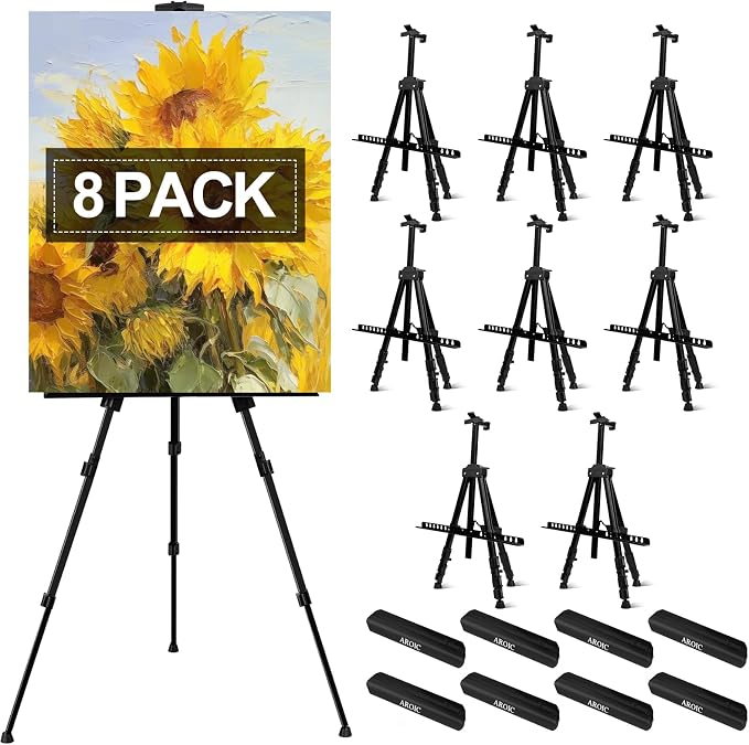 AROIC 8 Pack Painting Display Easel Stand Portable Adjustable | Metal Tripod Artist Canvases Height from 17 to 66 In Extra for Table-Top/Floor, Draw and Display, Black with 8 Storage Bag