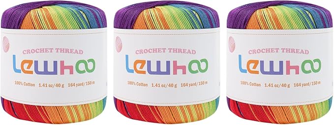 Crochet Thread Size 3, 3 Pack 100% Cotton Lace Yarn Set Rainbow