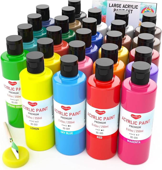 Smallbudi Bulk Acrylic Paint Set, 25 Colors 8.45oz (250ml) Large Non-Toxic Acrylic Paint Kit for Painting Party, Group & Large-Scale Art, Multi-Surface on Canvas, Wood, Furniture, Fabric, Rock, with Color Wheel, for Kids, Artists & Beginners