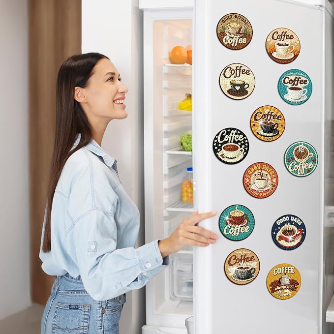 Zonon 12 Pcs Coffee Diamond Art Magnets, Diamond Painting Fridge Decor | Magnetic Stickers for Fridge Locker Board, Coffee Bar Decor with Kids, Small Painting Art Set in Home Kitchen