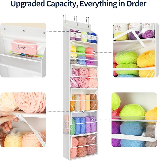 Yecaye Hanging Yarn Storage Organizer with 6 Zippered Closure Compartments, Heavy Duty Stuffed Animal Storage with Clear PVC, Dustproof Yarn Holder for Crocheting Storage, Pearl White 6 Tier