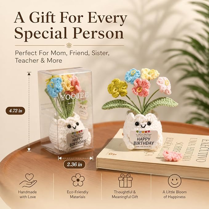 Crochet Forget Me Not Flower Pot Birthday Gifts for Women | Happy Birthday Message Card, Colorful Handmade Keepsake, Gift for Her, Mom, Best Friend, Sister, Coworker, PET Display Box