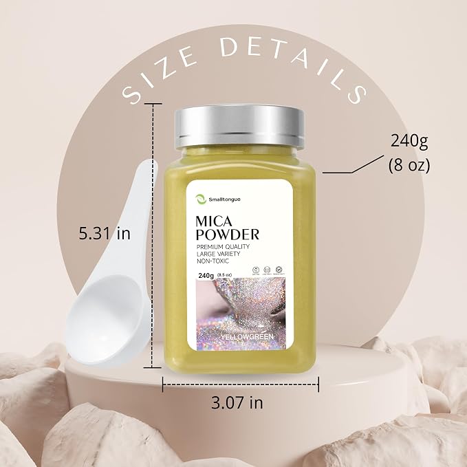 Mica Powder, Yellowgreen, 240g with Scoop, Complies with ASTM D-4236 | For Epoxy Resin, Soap, Bath Bomb, Candle| Safety Material| Odorless| Brilliant Colors