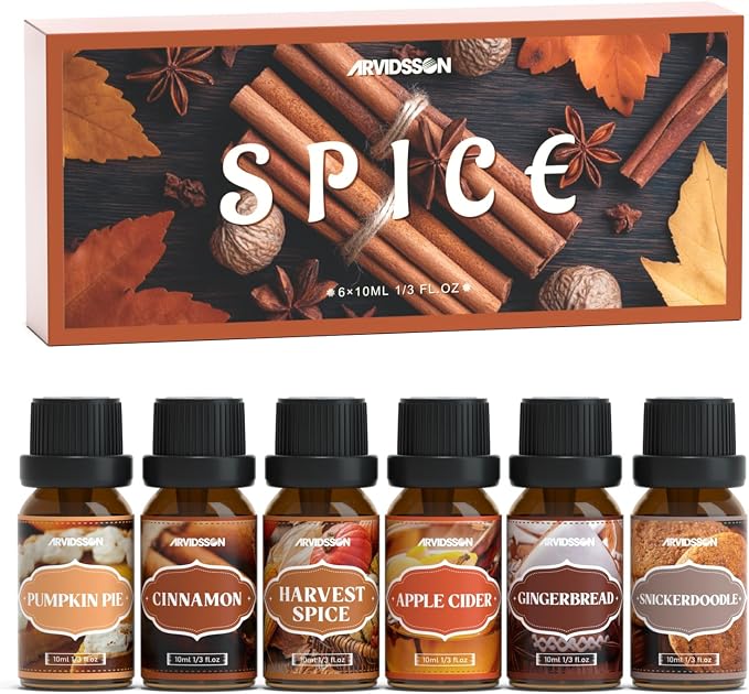 ARVIDSSON Autumn Spice Essential Oils Set, Fall Essential Oil for Diffuser - Cinnamon, Pumpkin Pie, Harvest Spice, Apple Cider, Gingerbread, Snickerdoodle, Cozy Fragrance Oils