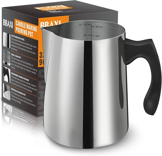 BBAXI Candle Making Pouring Pot,32oz Double Boiler,304 Stainless Steel | Double-Layer Wax Melting Pot for Candle Making,304 Stainless,Dripless Pouring Spout Design,Safe Heat-Resistant Handle