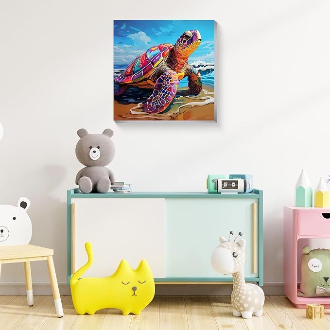 ajepon Sea Turtle Paint by Numbers Kit for Kids with Frame - Cute Turtle Paint by Number for Kids, Kid Painting by Number Kits Age 8-12 for Home Wall Decor 8X8inch (with Wooden Easel)