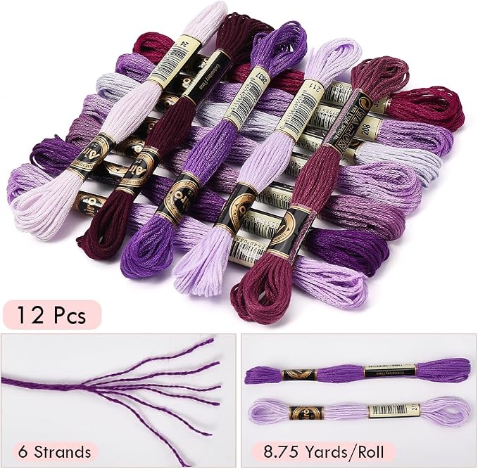 12 Skeins 105 Yards Purple Embroidery Floss Thread for Sewing