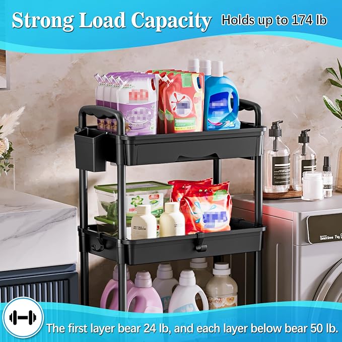 SUNALLY 4 Tier Rolling Cart with Drawer, Craft Storage Cart Organizer,Black