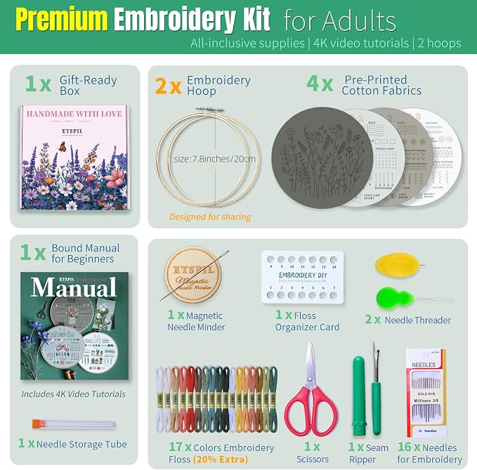 ETSPIL Embroidery Kit for Adults, 2 Hoops, 4K Slow-Mo, Pre-Printed Patterns | Stitch Together. 17 Vibrant Floss, Bound Guide. Needle Minder, Storage Tube, All Tools. No Washing. Relaxing Craft for Women