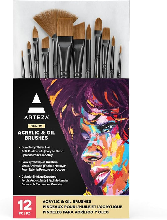 ARTEZA Paint Brushes Set of 12, Acrylic and Oil Paint Brushes with Synthetic Hair, Rust-Resistant Ferrules and Birch Wooden Handles for Canvas, Crafts, Blending, Layering, and Detail Work
