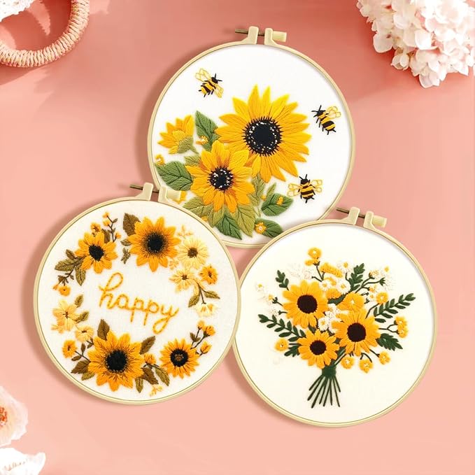 Zhenqing Sunflower Embroidery Kit 3 Designs | 11.4"x11.4" Beginner-Friendly Hand Embroidery Set with Hoop & DMC Threads | DIY Home Wall Decor, Mindful Gift for Mothers Day C0005
