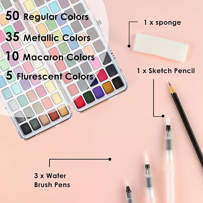 Grabie Watercolor Paint Set of 100 Color with Water Brush Pens | Water Brush Pens Included, Portable Carrying Case, High Pigment Paints, Smooth Blending, Travel Painting