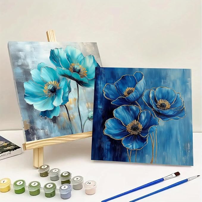 Flowers Paint by Numbers Kit for Adults Framed 4 Pack with Easel 8x8 inch