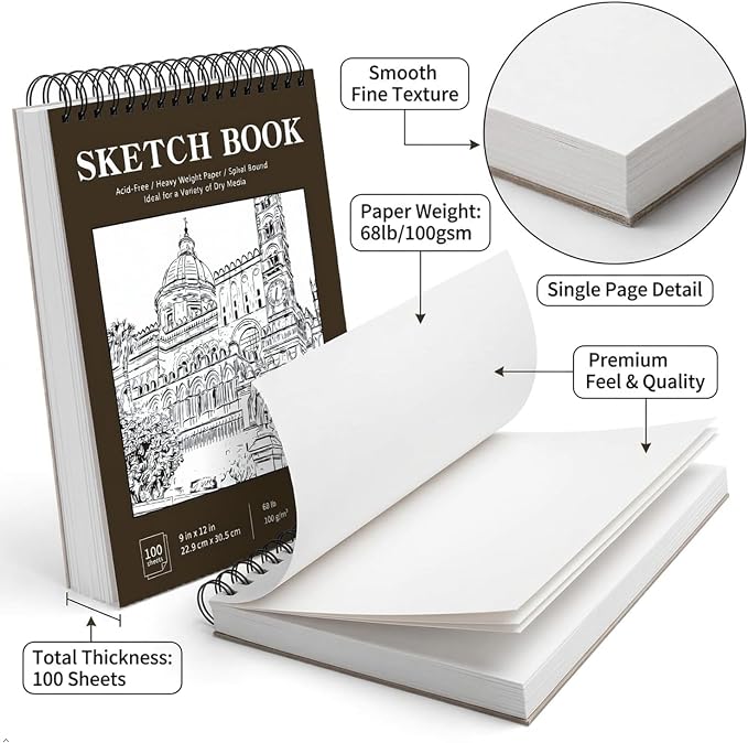 Soucolor Sketch Book 9x12, 100 Sheets Drawing Pad, Art Sketchbook for Kids | 68lb acid-free Paper,no bleed-through, clean erase, top spiral lay-flat, micro-perforated, for kids, adults, all skill levels