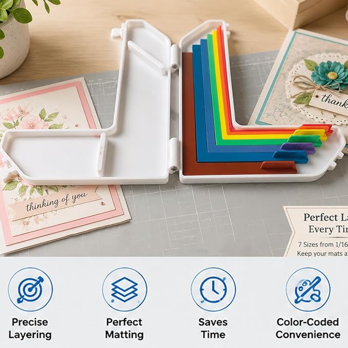 7 Pcs Paper Crafting Alignment Guides with Storage Case, Precision Layering & Matting Spacers for Card Making and Scrapbooking, Color-Coded Tools with Size Tabs, 1/16 to 1/2 Inch Increments
