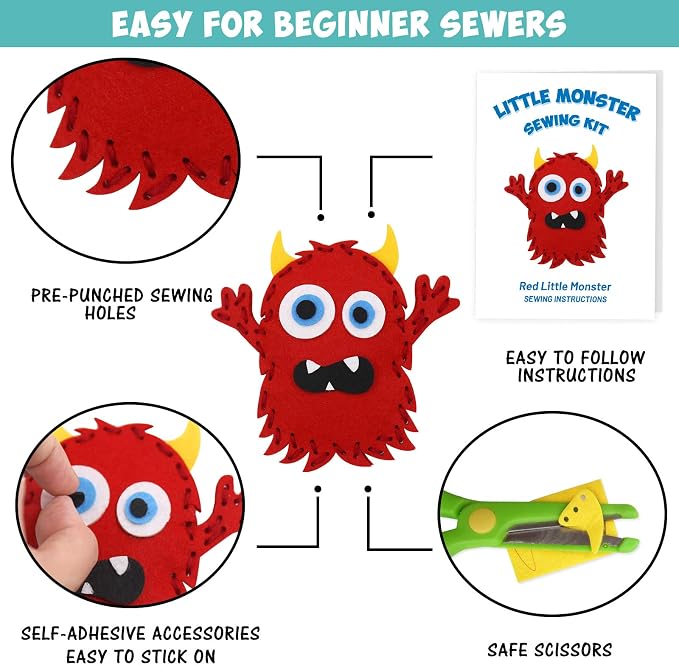 CiyvoLyeen Kids Sewing Kit Crafts– Little Monsters Felt Plush DIY Craft Adopt A Monster Educational Sewing Set for Kids Beginner Craft Kit Set of 12