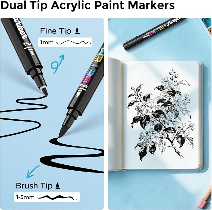 Betem 2 Black Paint Markers for Glass, Dual Tip Acrylic Paint Pens | Window, Fabric, Wood, Rock, Canvas, Acrylic Markers with Fine & Brush Tip, Art & Craft Supplies, Wine Glass Markers