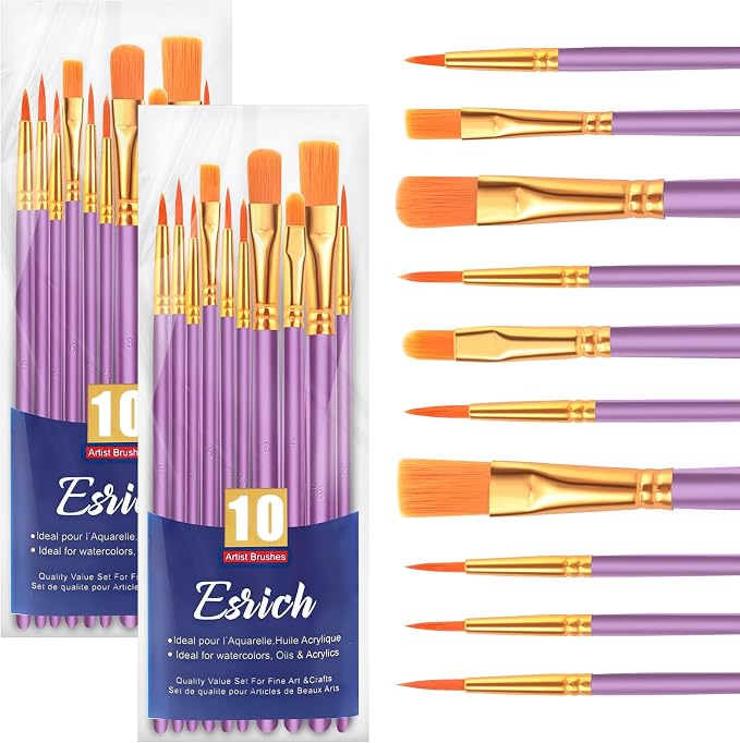 ESRICH 20PCS Paint Brushes, Paint Brush for Acrylic Painting | Artist Paintbrushes for Oil Watercolor, Body Face Rock Canvas, Small Paint Brushes for Kids, Purple