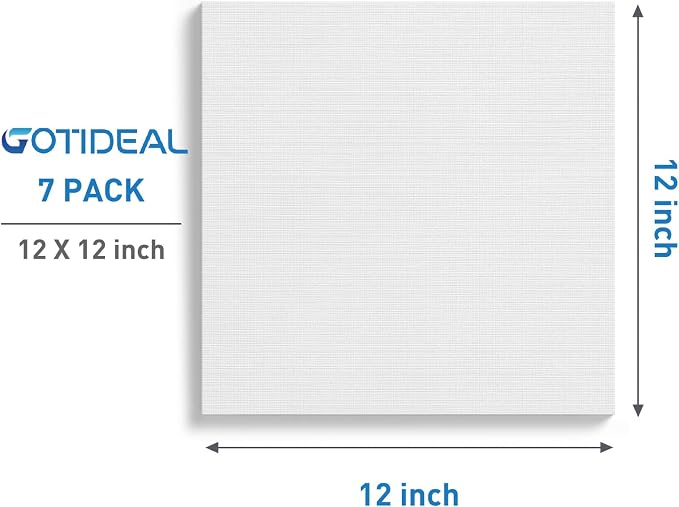 GOTIDEAL Stretched Canvases for Painting, 12x12 Inch Set of 7, Primed White | 100% Cotton Blank Art Square Canvas Boards for Painting for Acrylic Pouring, Oil Paint Dry & Wet Art Media