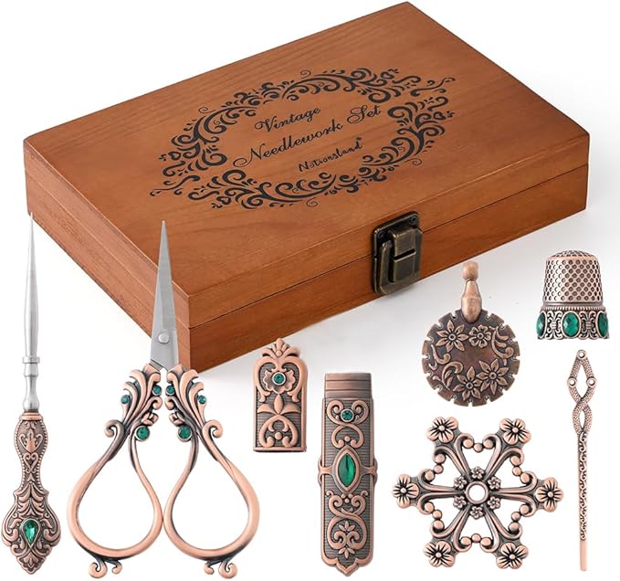 NOTIONSLAND Embroidery Scissor Set, Vintage Supplies, Needle Case, Sewing Awl, Thimble, Floss Board for Needlework, Copper