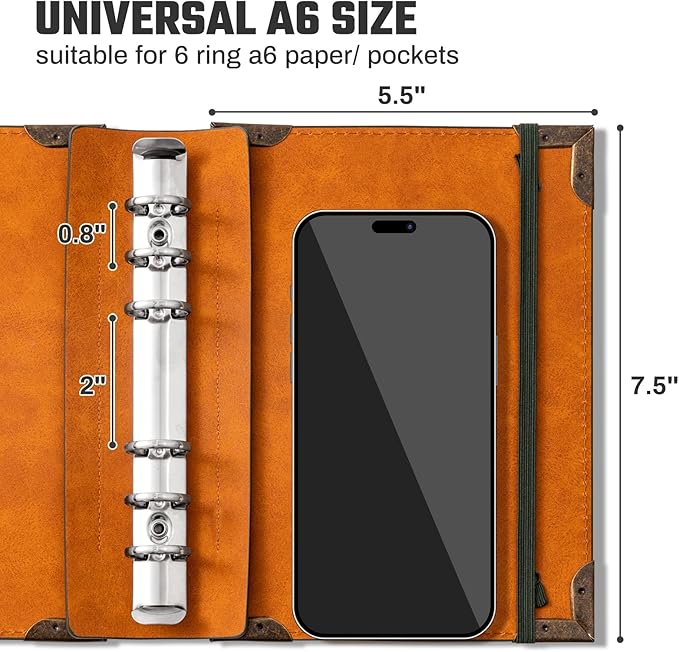 Ovesmusl PU Leather A6 Binder 6 Ring Mini Journal Cover Binder 5.5”x7.5”