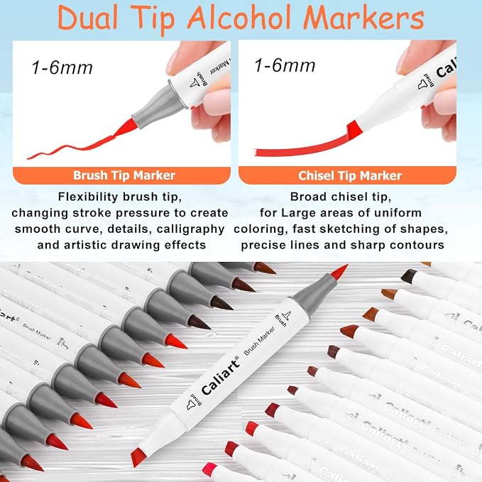 Caliart 101 Colors Alcohol Markers Brush Tip Art Markers for Adult Coloring | Brush & Chisel Permanent Markers Pens Set with Carrying Case for Artists & Beginners Drawing Painting Sketching Illustration