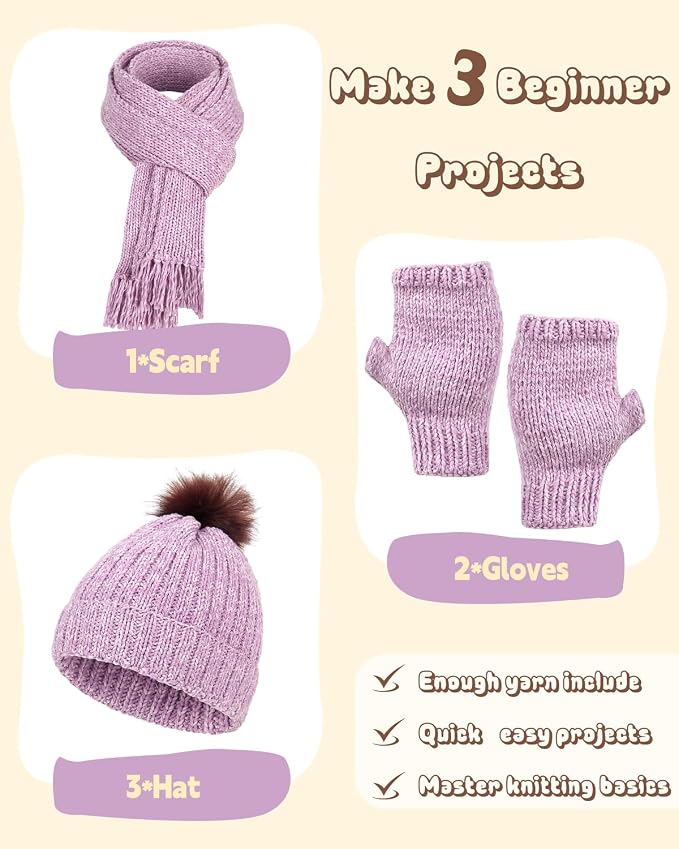Katech Knitting Kit for Beginners Adults-Beginners Knitting Kit for Kids | Learn to Knit Kits for Adult Beginner Kids w/Step-by-Step Instruction-Complete Hat Scarf Gloves Knitting Starter Kit