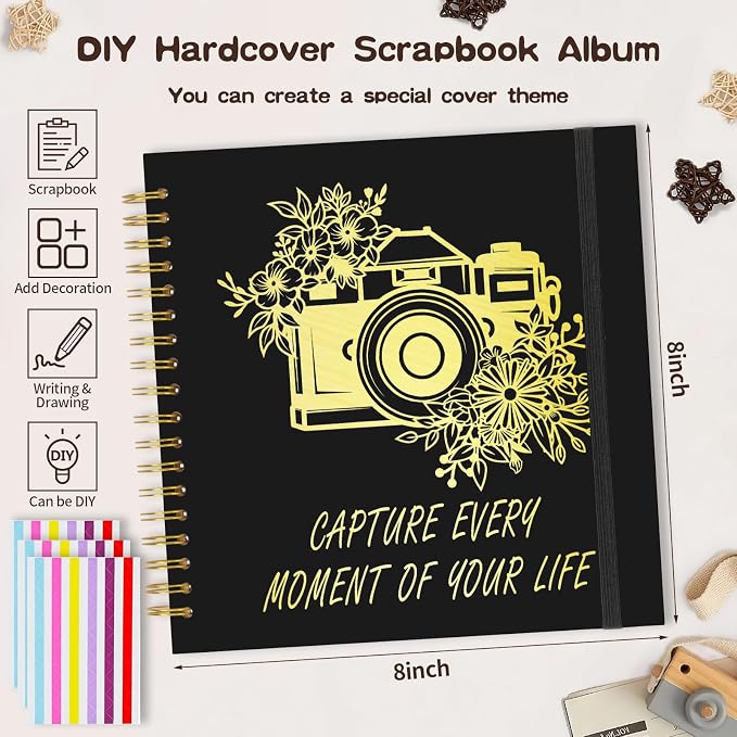 Scrapbook Album 8x8 inch, Travelling Journal Scrap Book Family Scrapbook Scrapbooking Supplies Kits Gift for Couples Anniversary Wedding (black, 8 x 8 inch)