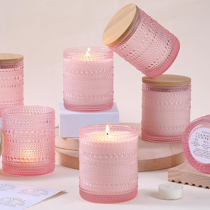 DARJEN 8 Pcs 14oz Glass Candle Jars with Lids, Candle Containers Tins-Pink | 14oz Capacity, Thick Heat-Resistant Glass, Safe for Hot Wax Pouring, Ideal for DIY & Gifts
