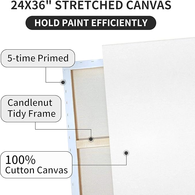 Pre Stretched Canvases for Painting 24x36 2 Pack Large Blank Canvas Boards for Acrylic Pouring and Oil Painting, 100% Cotton, 5-Time Gesso Primed
