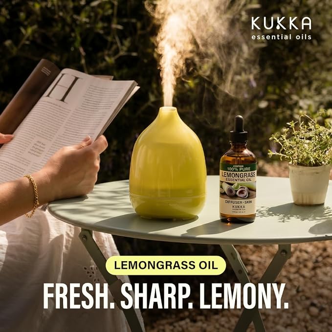 Kukka 100% Pure Lemongrass Essential Oil for Skin, Diffuser, 4 Fl Oz | Undiluted for Skin, Diffuser, Aromatherapy and Massage Blends, Non-GMO, with Dropper, Lemon Grass Oil