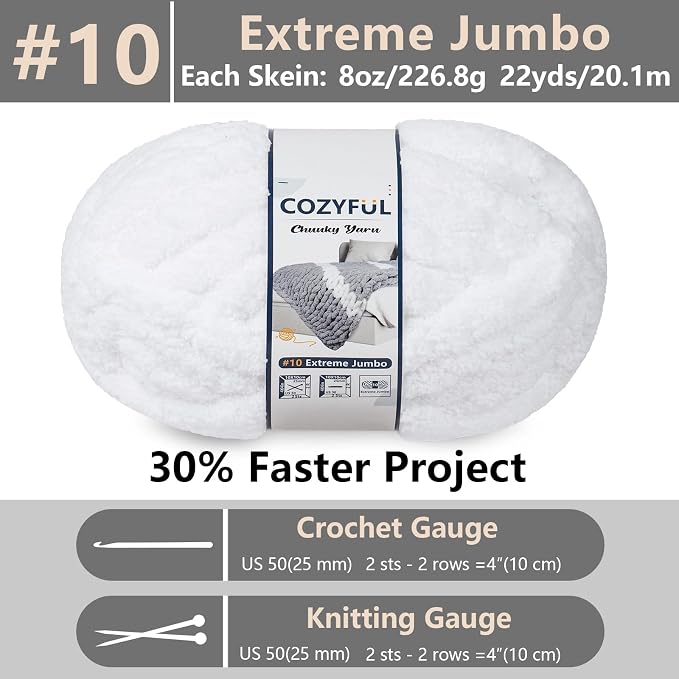 Cozyful Chunky Yarn for Hand Knitting - #10 Chunky Chenille Yarn, Jumbo Big Thick Chunky Yarns for Crocheting, Super Bulky Chunky Knit Blanket Yarns, 8 Skein (22 yds 8 oz Each Skein), Pure White